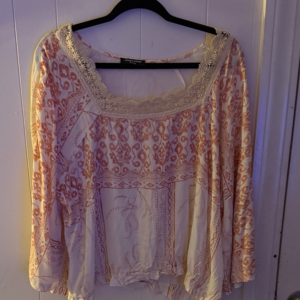Point Zero Cream and Orange  Blouse with Crochet